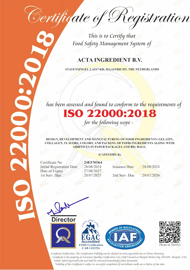 ISO 22000 Certificate — Acta Ingredient B.V.