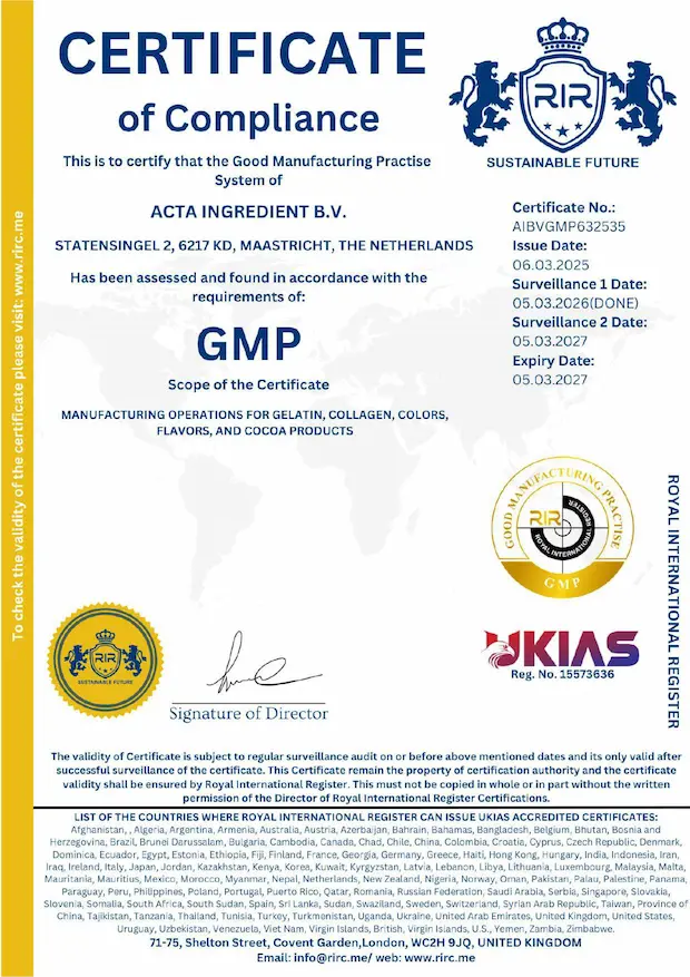 GMP Certificate — Acta Ingredient B.V.
